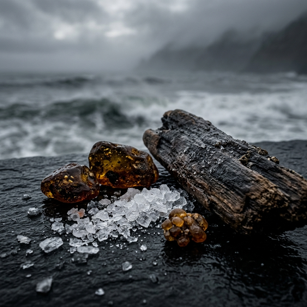 Marine ingredients: mineral sea salt crystals and amber resin